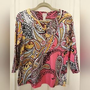 Chico's Size 1 (medium) Pink and Yellow Cotton Blend Paisley Top